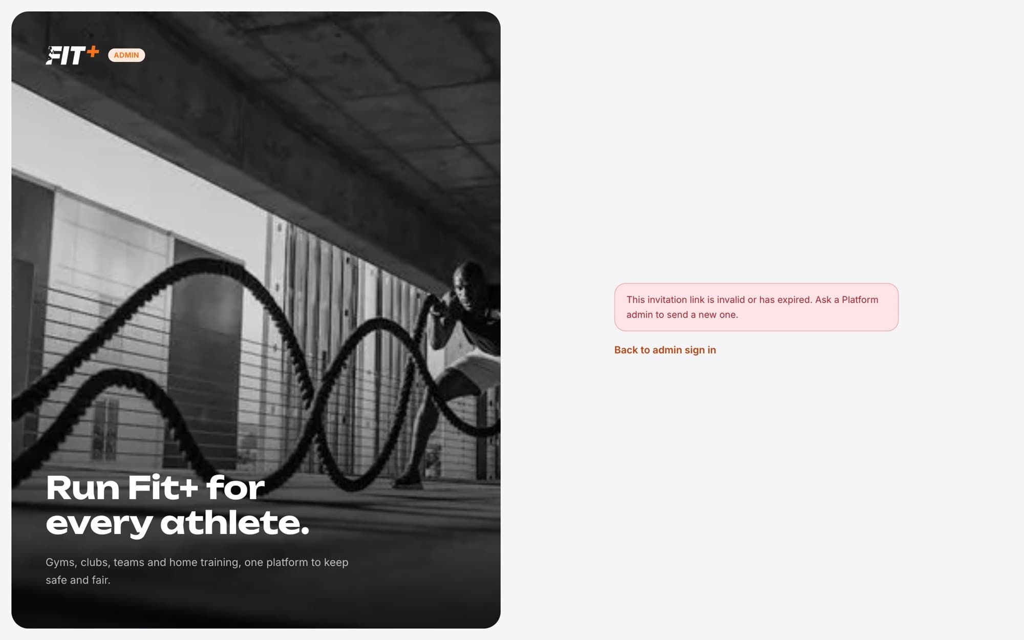 Message saying the invitation link is invalid or has expired, with a link back to admin sign in