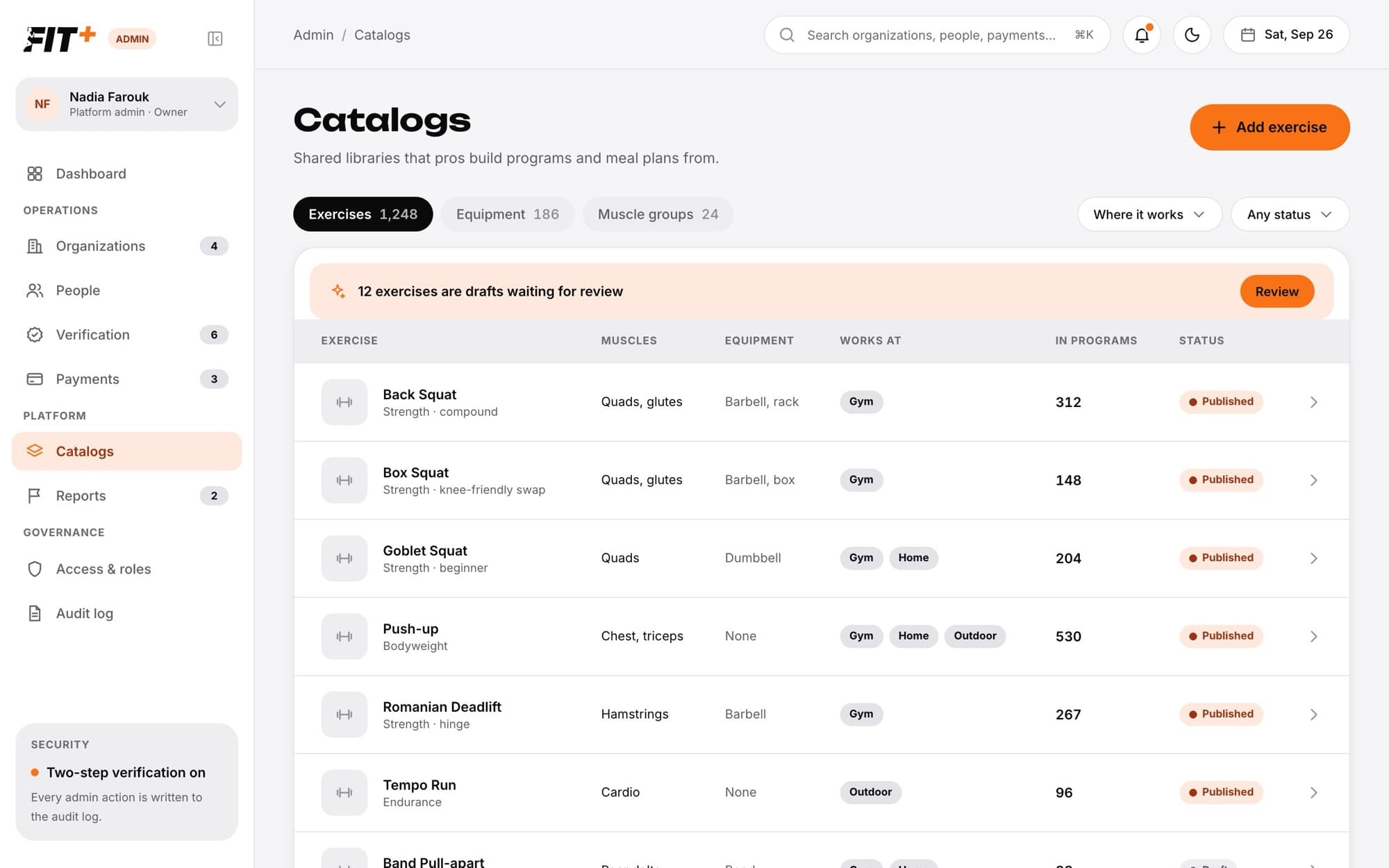 Catalogs page with Exercises, Equipment and Muscle groups tabs and a list of exercises with their status