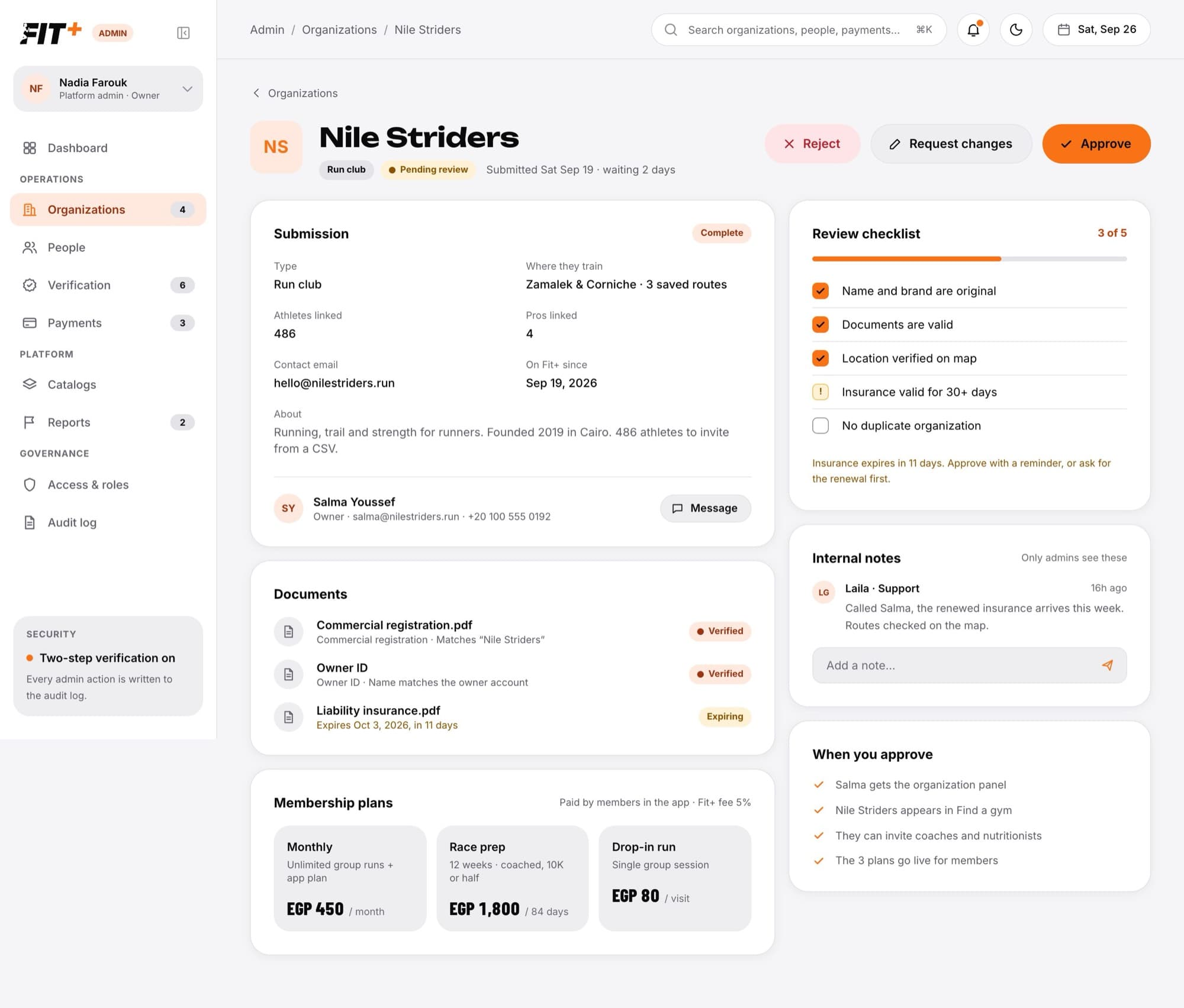 Organization review page with Submission, Documents, Membership plans, Review checklist, Internal notes and When you approve