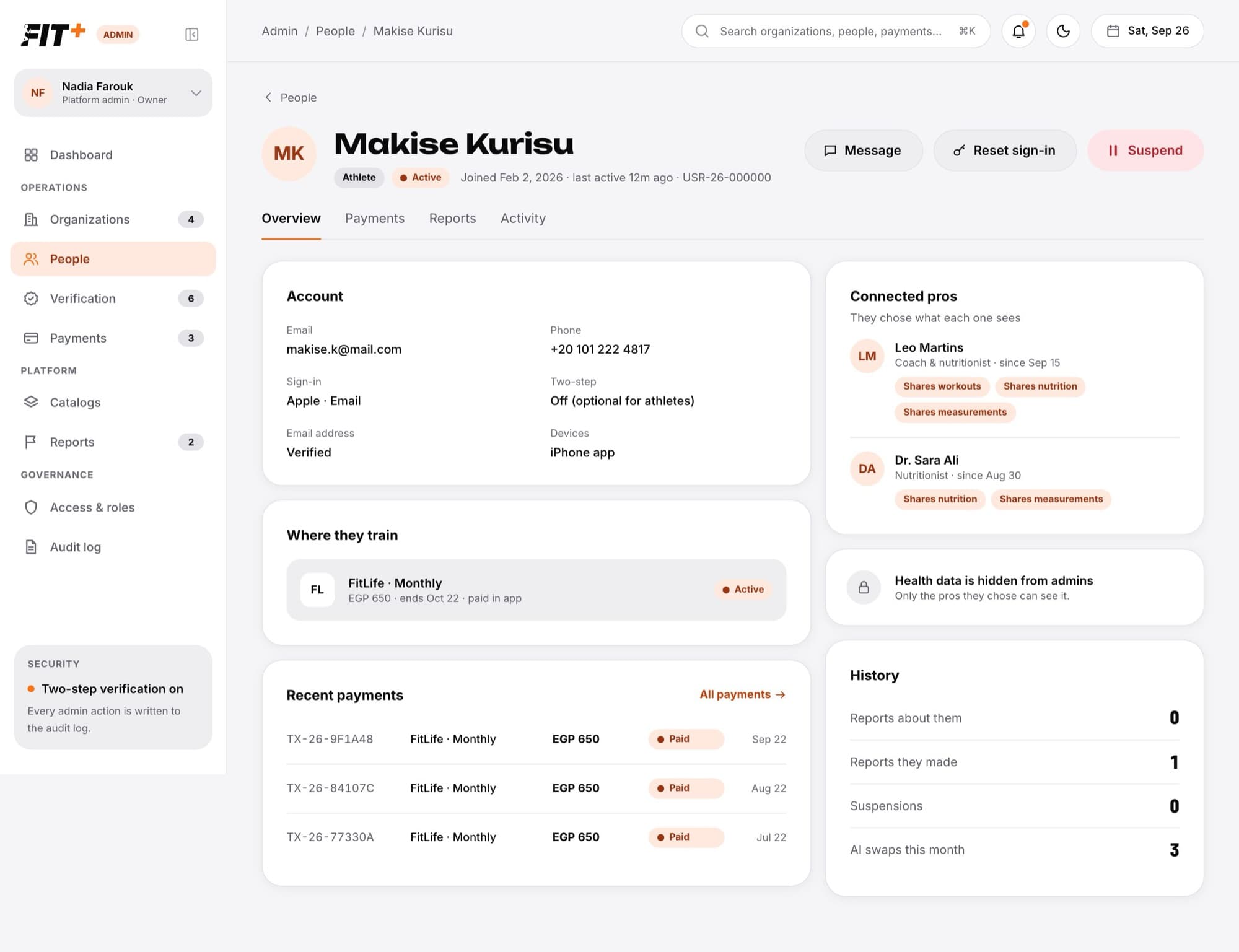 Person page with Account, Where they train, Recent payments, Connected pros, a health data hidden notice and History