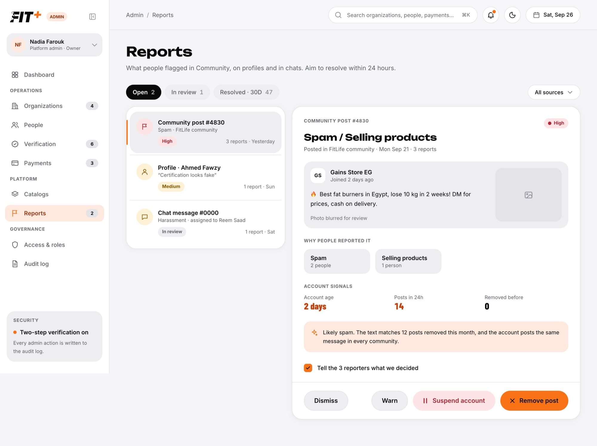 Reports queue with a community post report open, showing the content, why people reported it, account signals and decision buttons