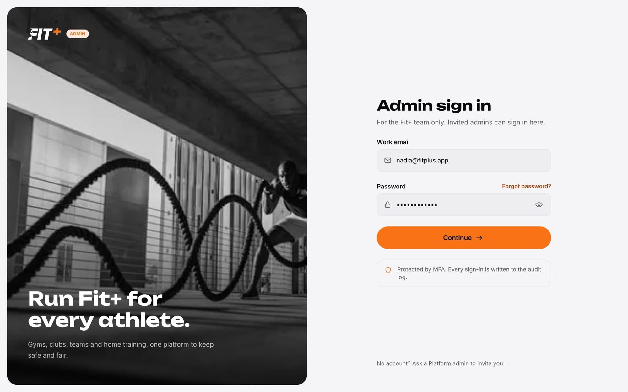 Admin sign in screen with Work email and Password fields and a Continue button