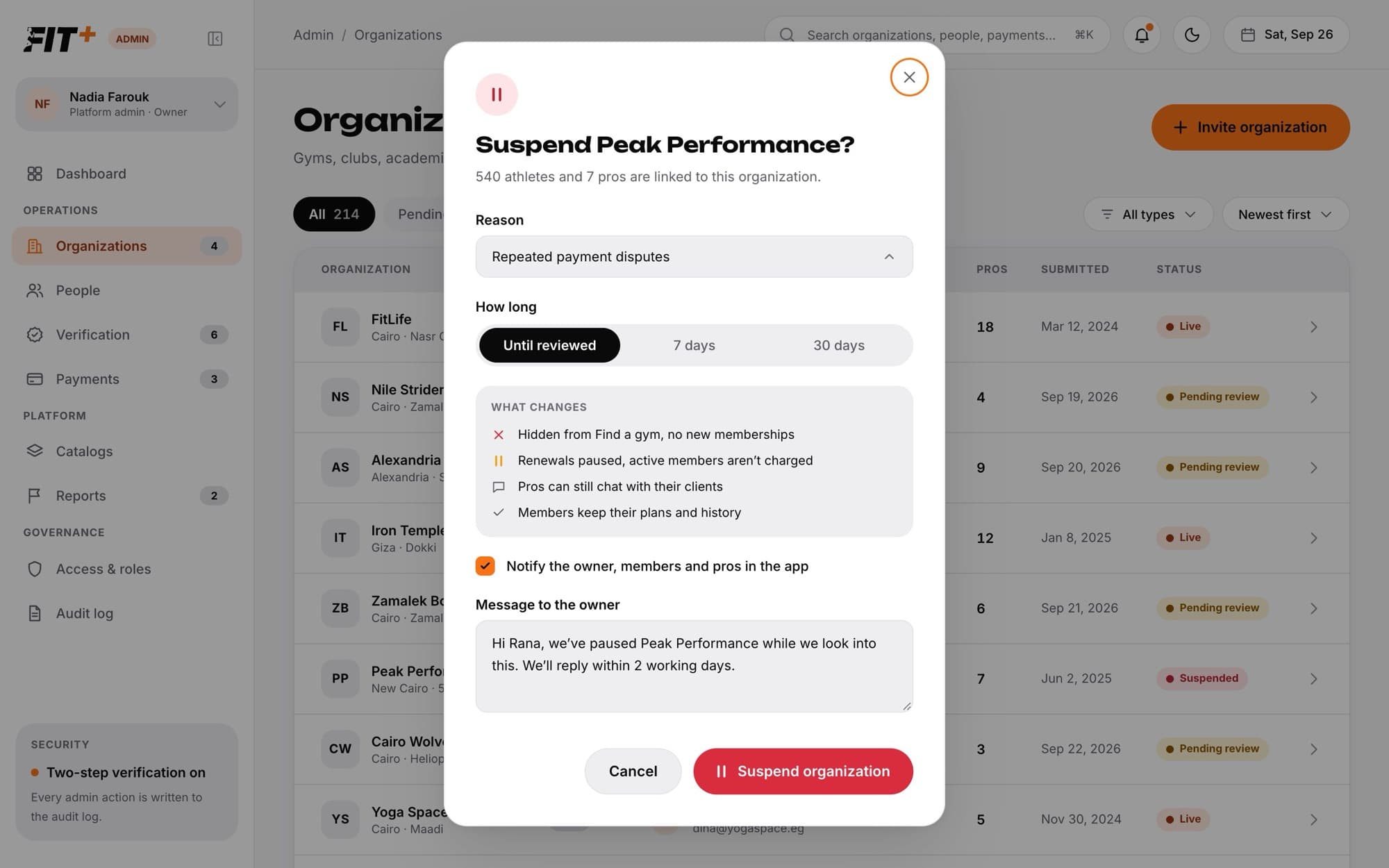 Suspend organization dialog with Reason, How long, What changes, a notify checkbox and Message to the owner
