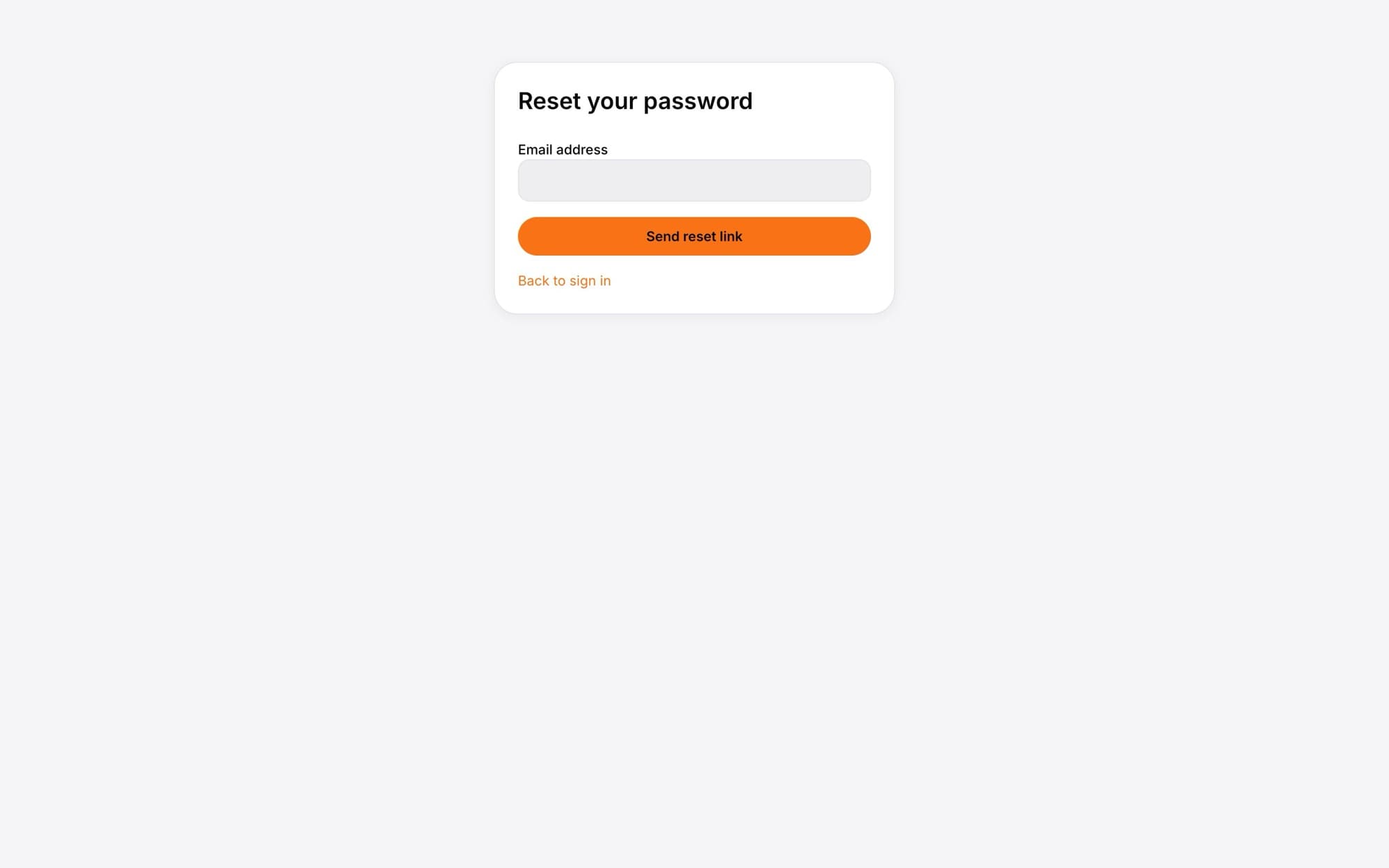The Reset your password card with an Email address field and a Send reset link button