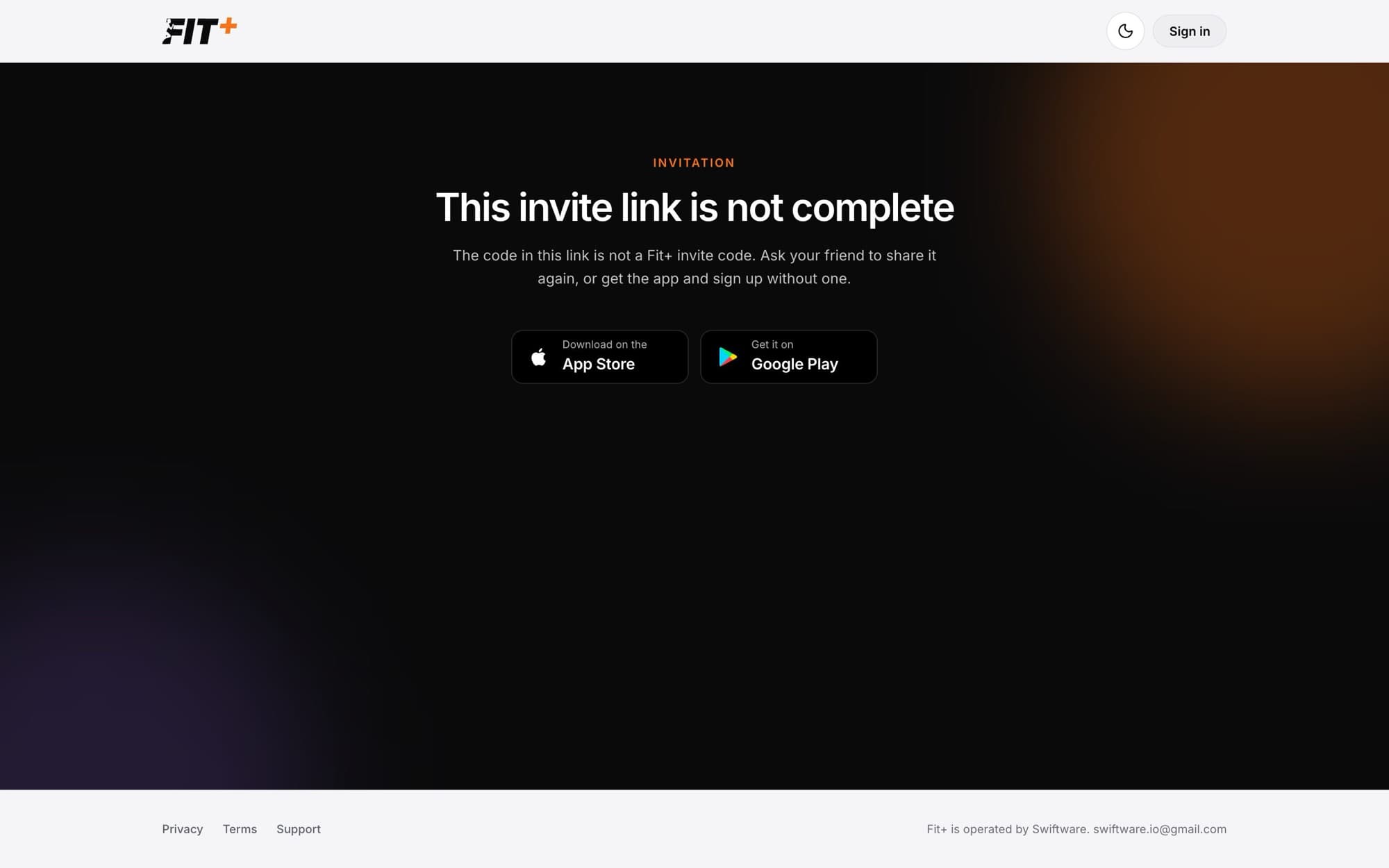 Page titled This invite link is not complete, with App Store and Google Play buttons