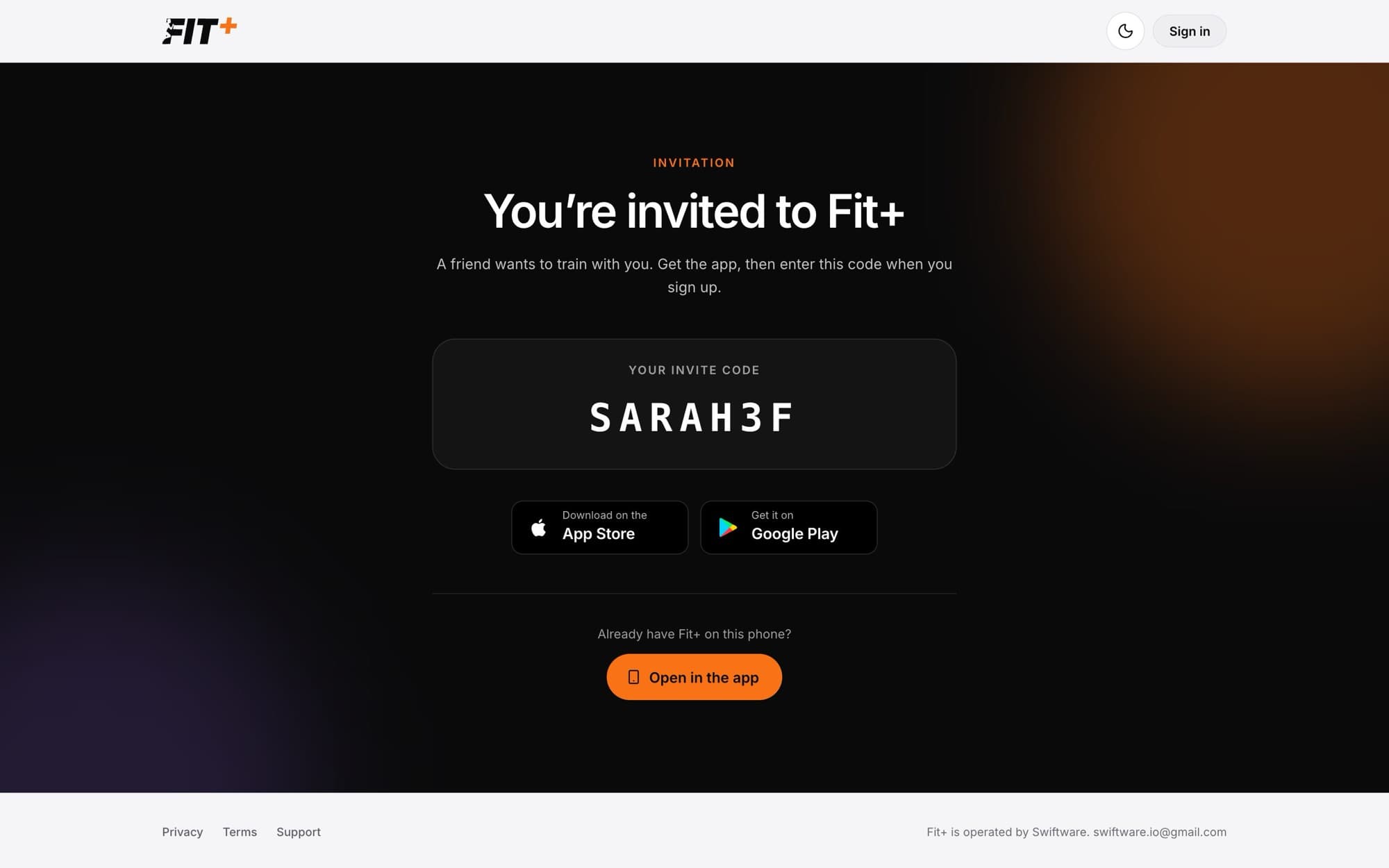 Invitation page reading You're invited to Fit+, with an invite code, App Store and Google Play buttons and an Open in the app button