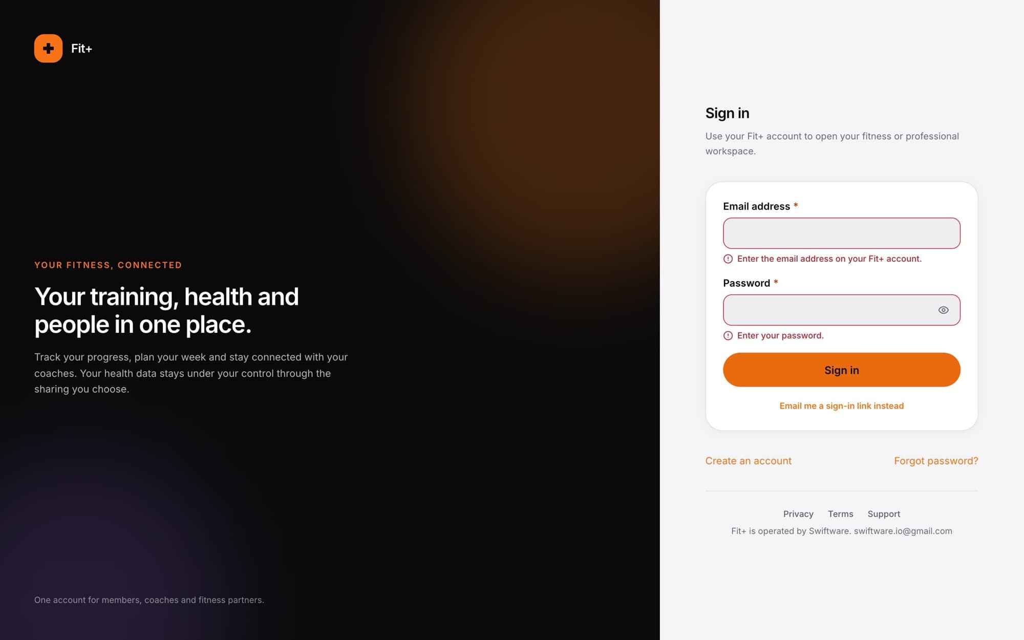 The sign-in form with messages under the empty email and password fields