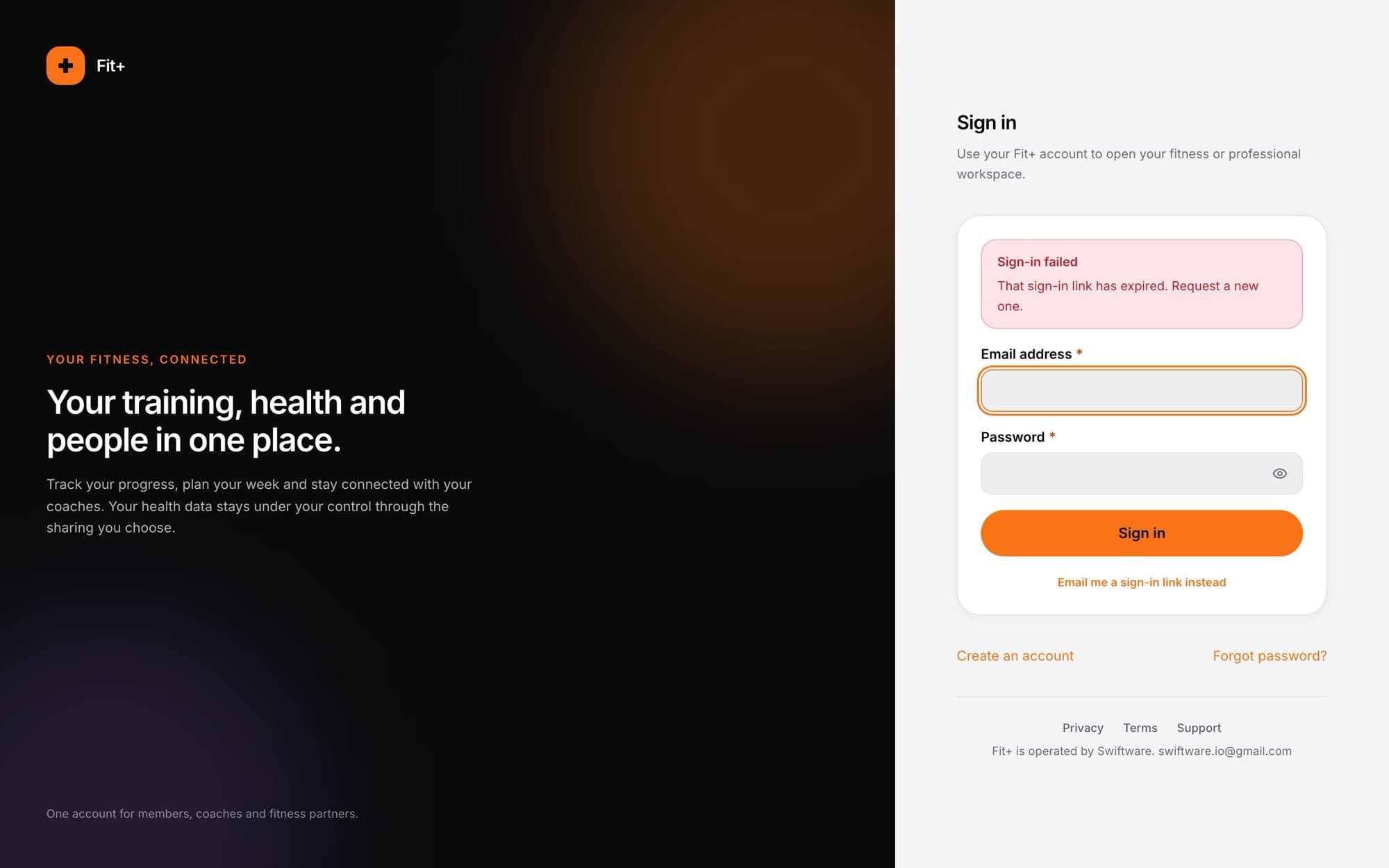 The sign-in page with a notice saying the sign-in link has expired