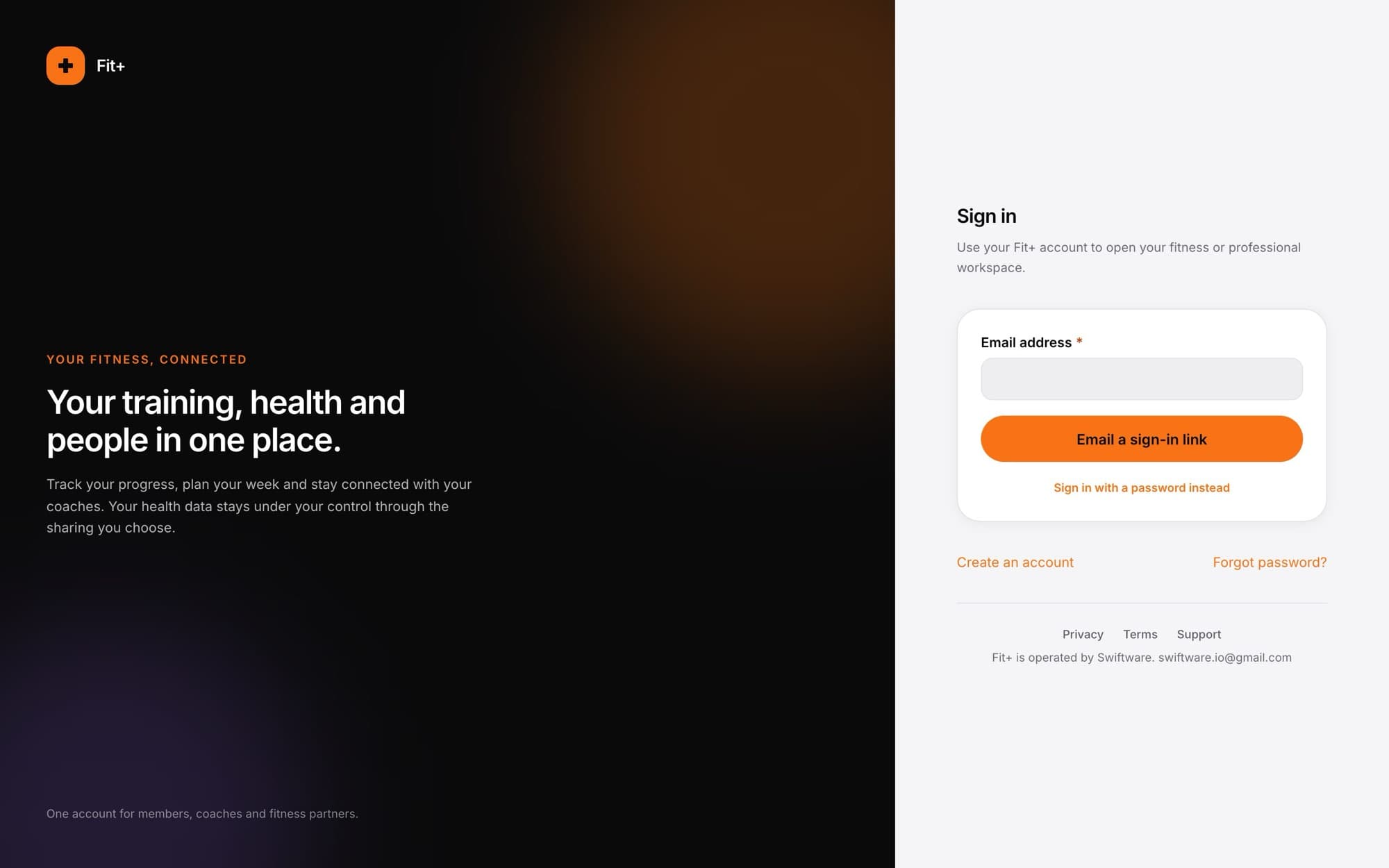 The sign-in form showing only an email field and an Email a sign-in link button