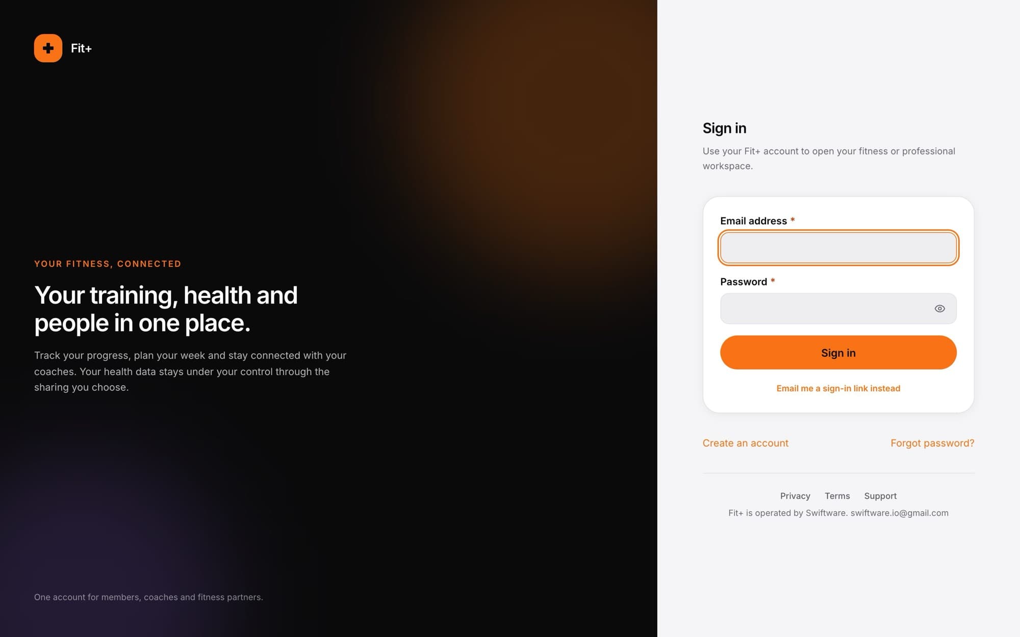 The Fit+ sign-in page with Email address and Password fields, a Sign in button, and links to create an account or reset a password
