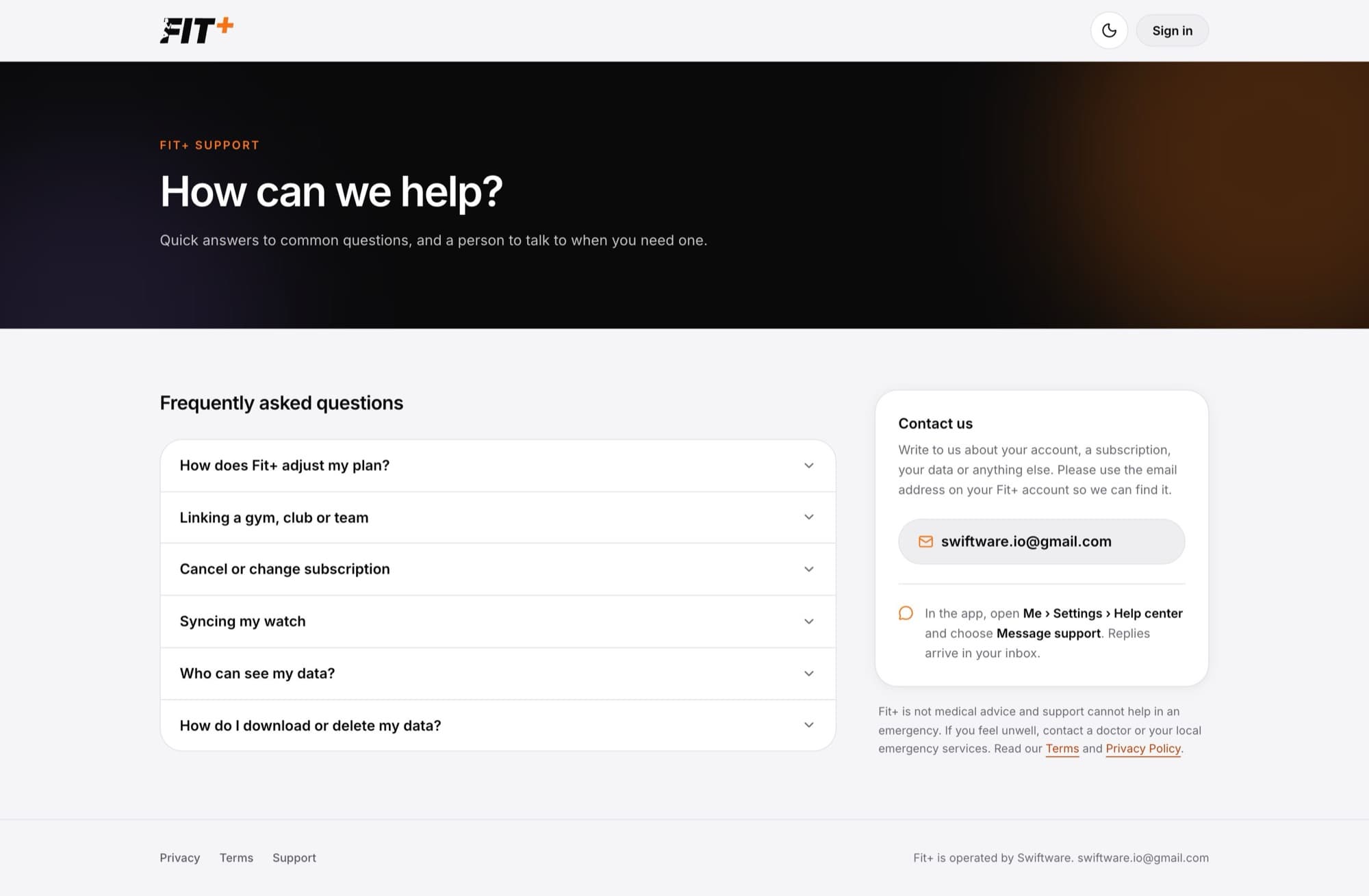 The Fit+ Support page with common questions and a contact card