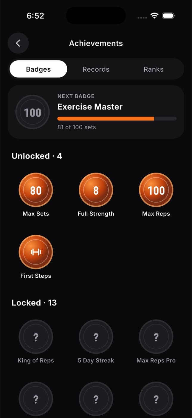 Achievements screen with a Next badge card and progress bar, unlocked medals and locked medals
