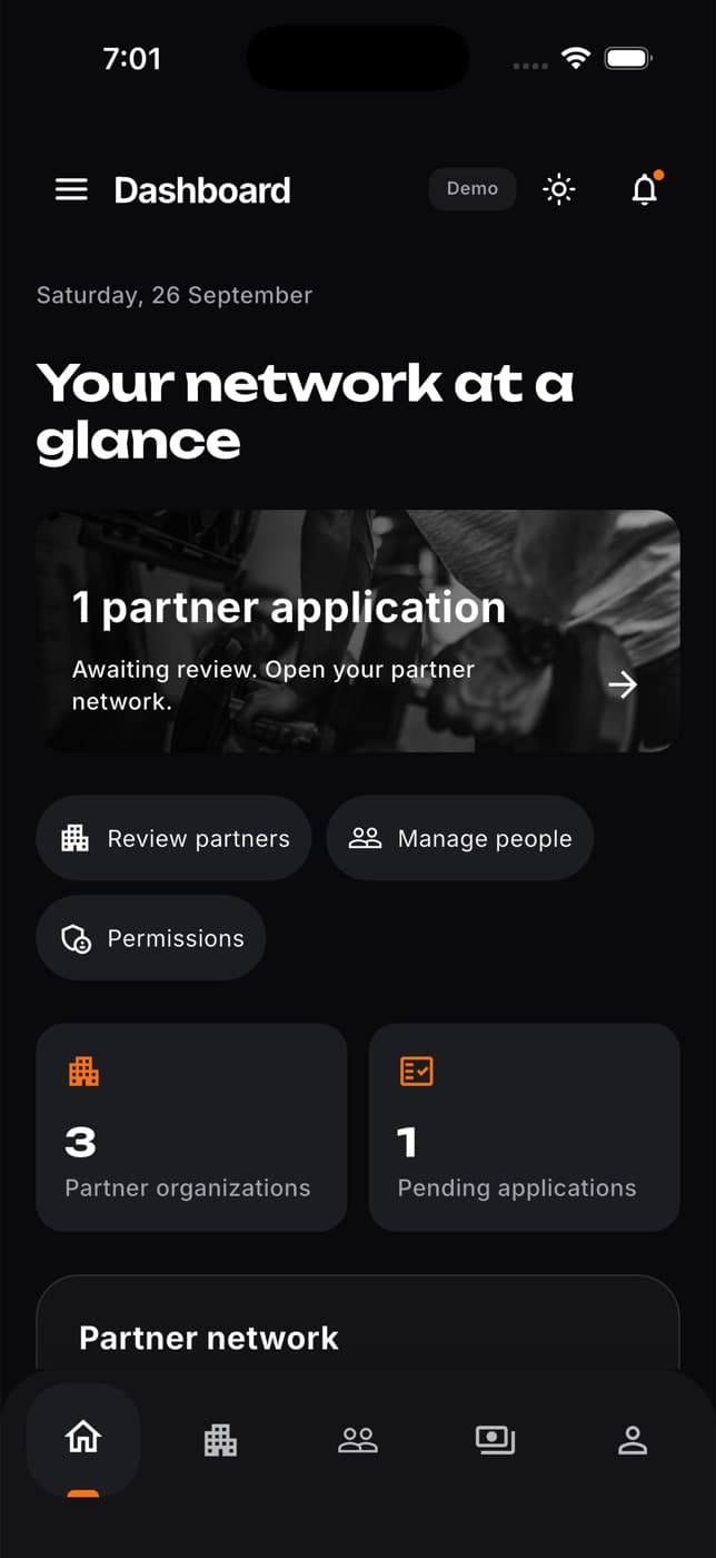 Admin dashboard with a partner application and organizations