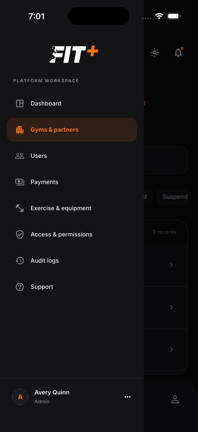 Admin menu with gyms and partners, users, payments, exercises, access, audit logs and support
