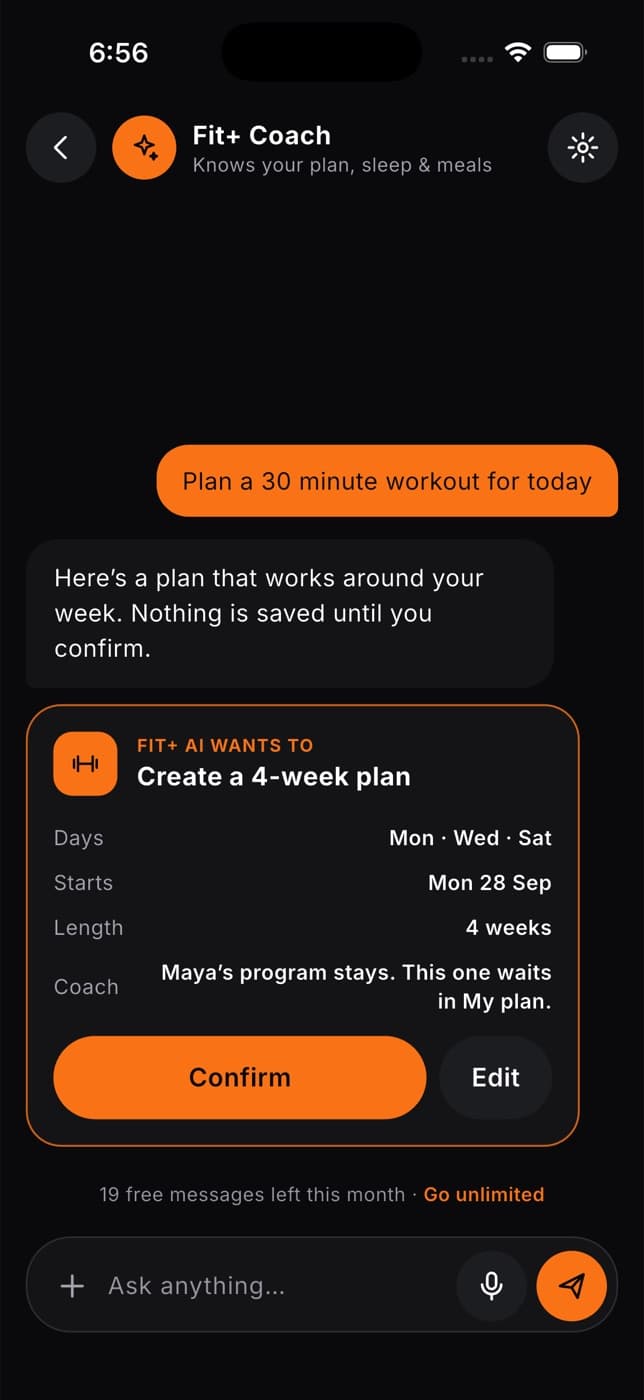 AI Coach reply with a card to create a 4-week plan, showing days, start date, length, and Confirm and Edit buttons