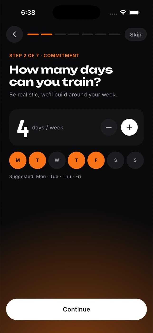 Step 2 of 7, How many days can you train?