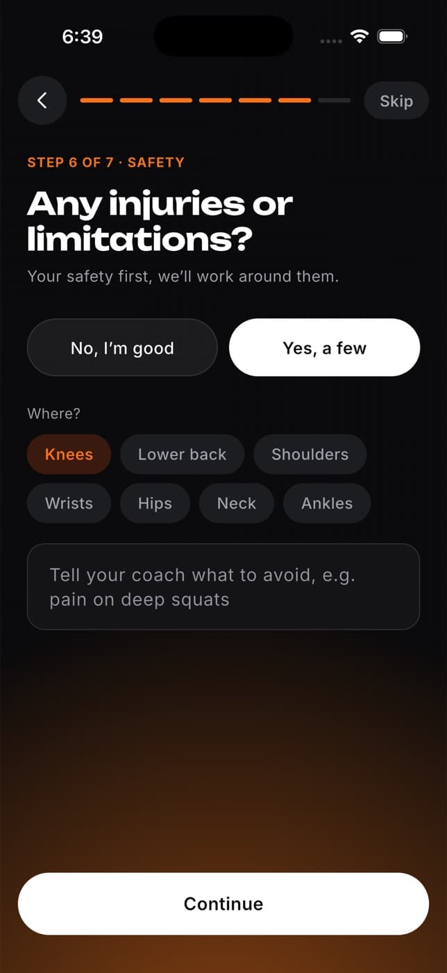 Step 6 of 7, injuries with Knees selected