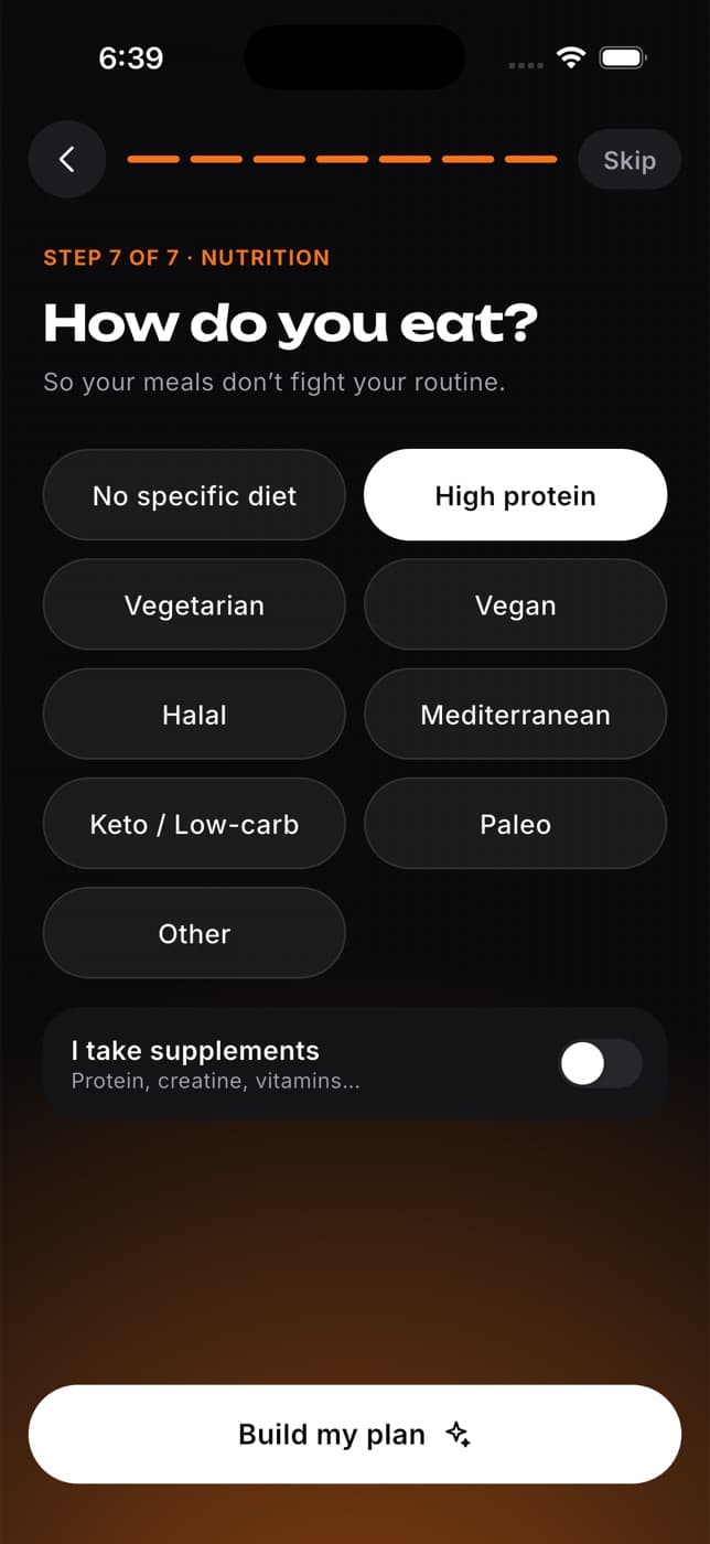 Step 7 of 7, how do you eat, with High protein selected
