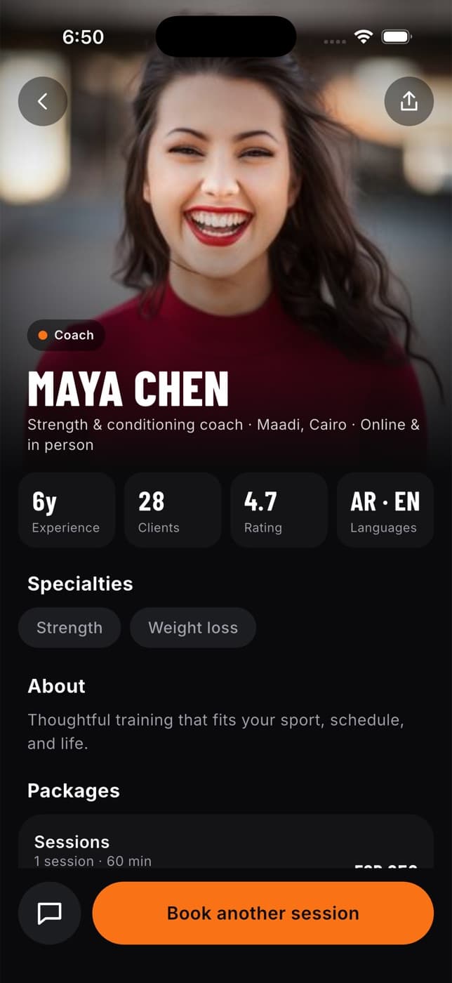 A coach's profile in the Fit+ app showing experience, languages, specialties and packages