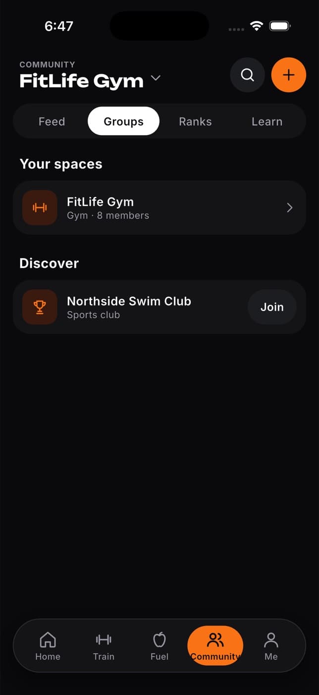 Community Groups tab with Your spaces and a Discover list offering Join on a swim club
