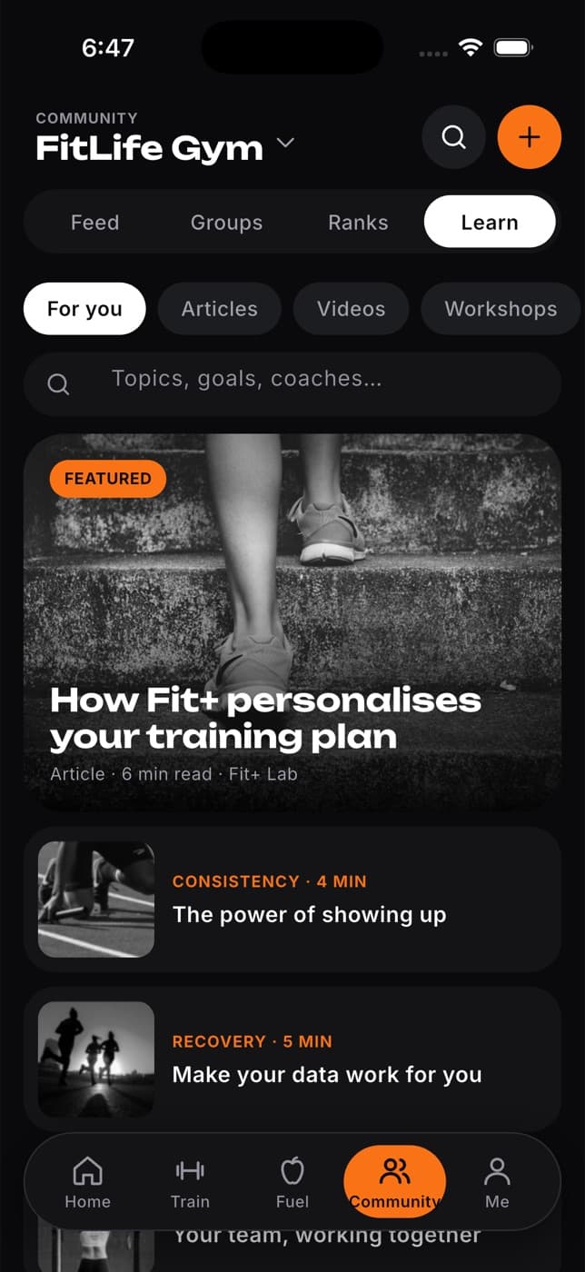 Learn tab with filter chips, a search field, a featured article and a list of articles