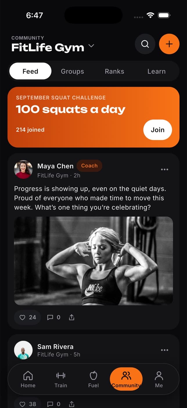 The community feed in the Fit+ app with a challenge banner and posts with likes and comments
