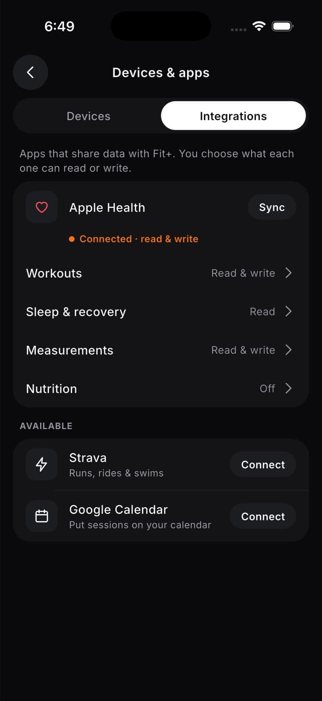 Devices and apps Integrations tab with Apple Health connected and a Sync button, and Strava and Google Calendar below