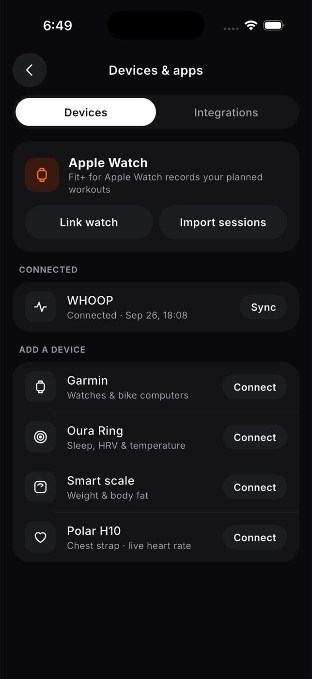 Devices and apps screen with the Apple Watch card and its Import sessions button