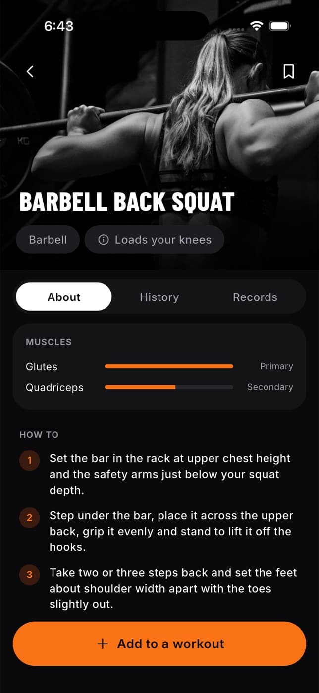An exercise page in the Fit+ app with the muscles worked and numbered how-to steps