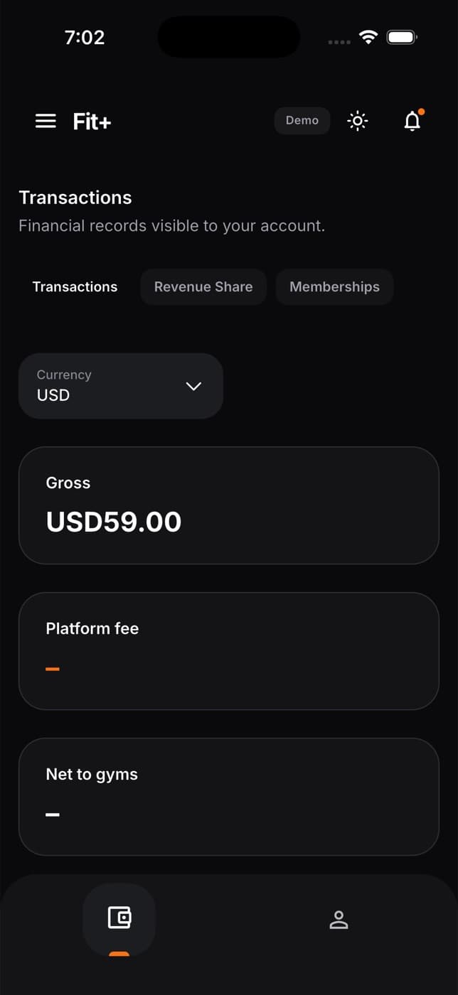 Financial records in the Fit+ app with Transactions, Revenue Share and Memberships tabs, a currency picker and Gross, Platform fee and Net to gyms tiles