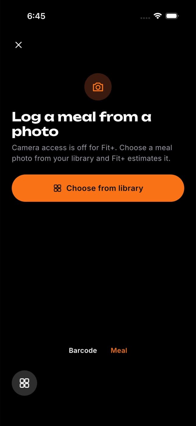 Log a meal from a photo screen with a Choose from library button and a switch between Barcode and Meal