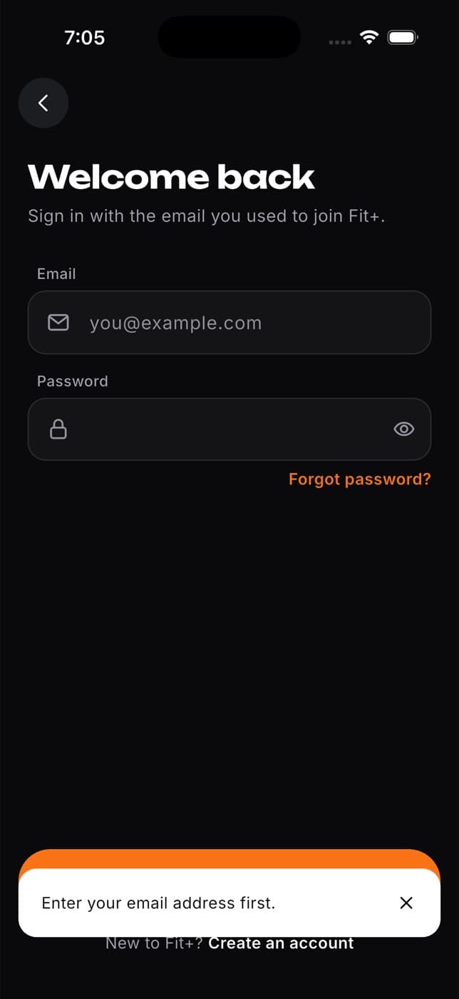 Sign-in form with the message Enter your email address first