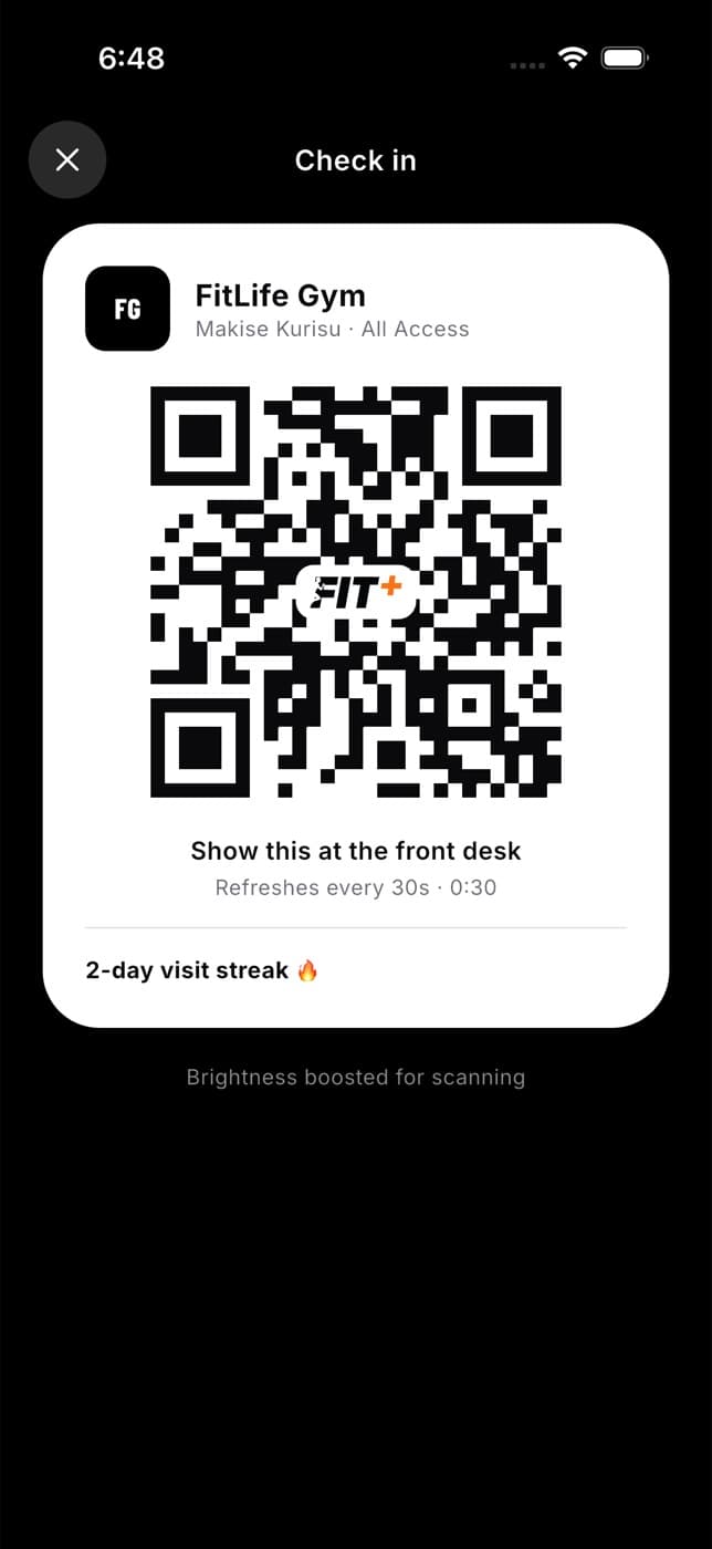 Check-in QR code with Show this at the front desk and a 30 second countdown