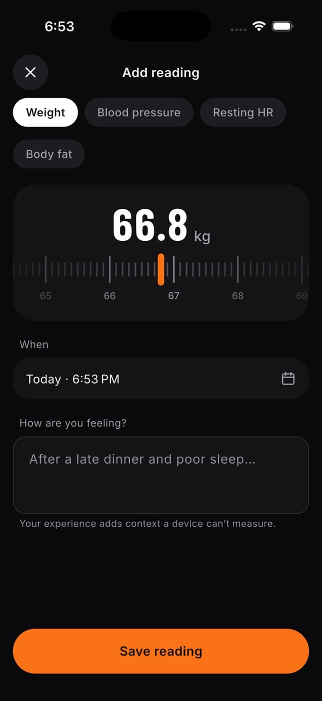 Add reading screen with Weight, Blood pressure, Resting HR and Body fat options and a weight ruler