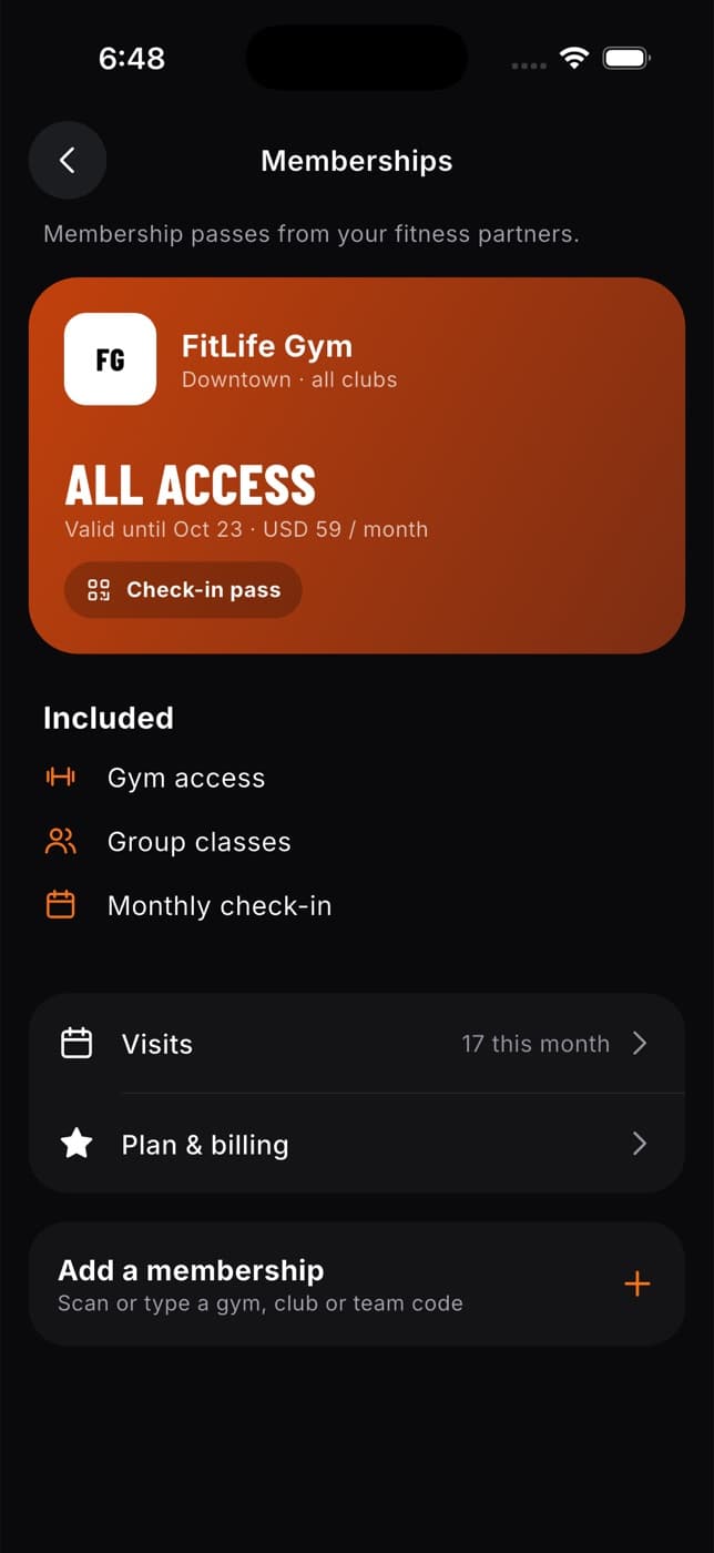 Memberships screen with a pass card, Visits, Plan and billing, and Add a membership
