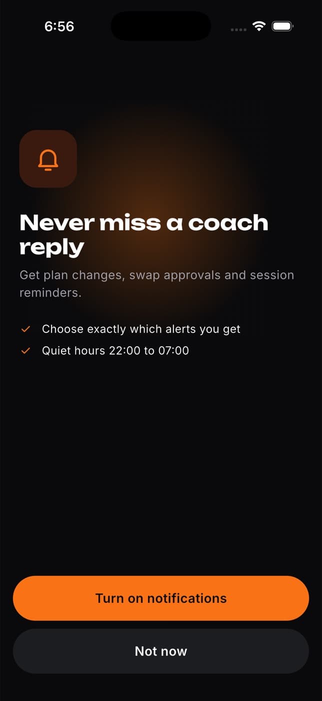 Fit+ screen explaining notifications, with Turn on notifications and Not now