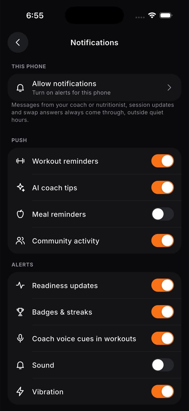 Notification settings with Allow notifications, push switches and alert switches