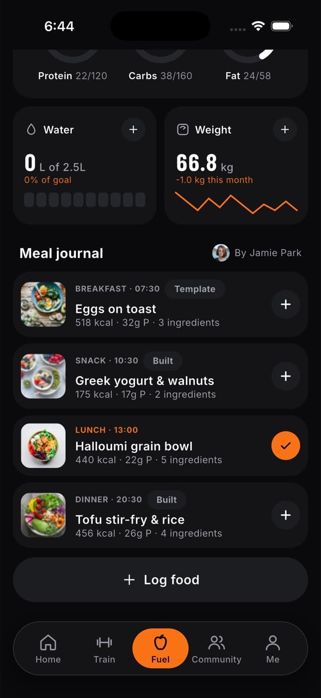 Meal journal listing breakfast, snack, lunch and dinner from a nutritionist's plan, with a Log food button