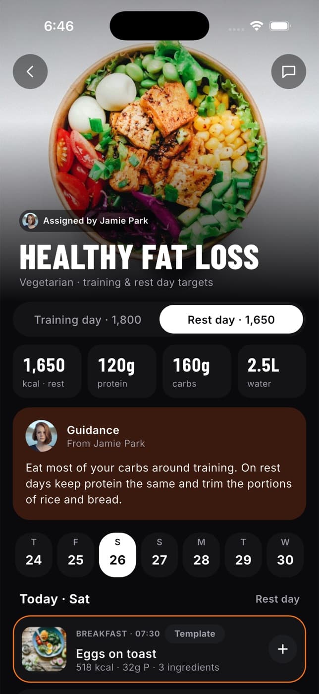 Meal plan overview with the plan photo, training and rest day targets, guidance from the nutritionist and the day's meals