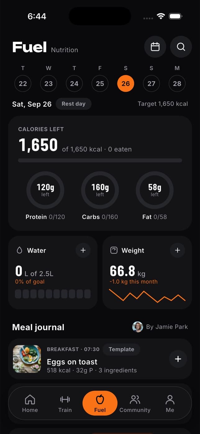 Fuel tab with a week strip, calories left, protein, carbs and fat rings, and water and weight tiles