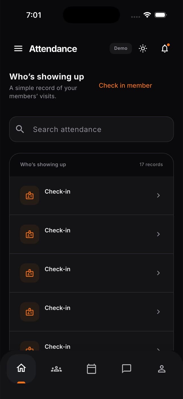 The Attendance screen in the phone app with a Check in member button, a search box and a list of check-ins