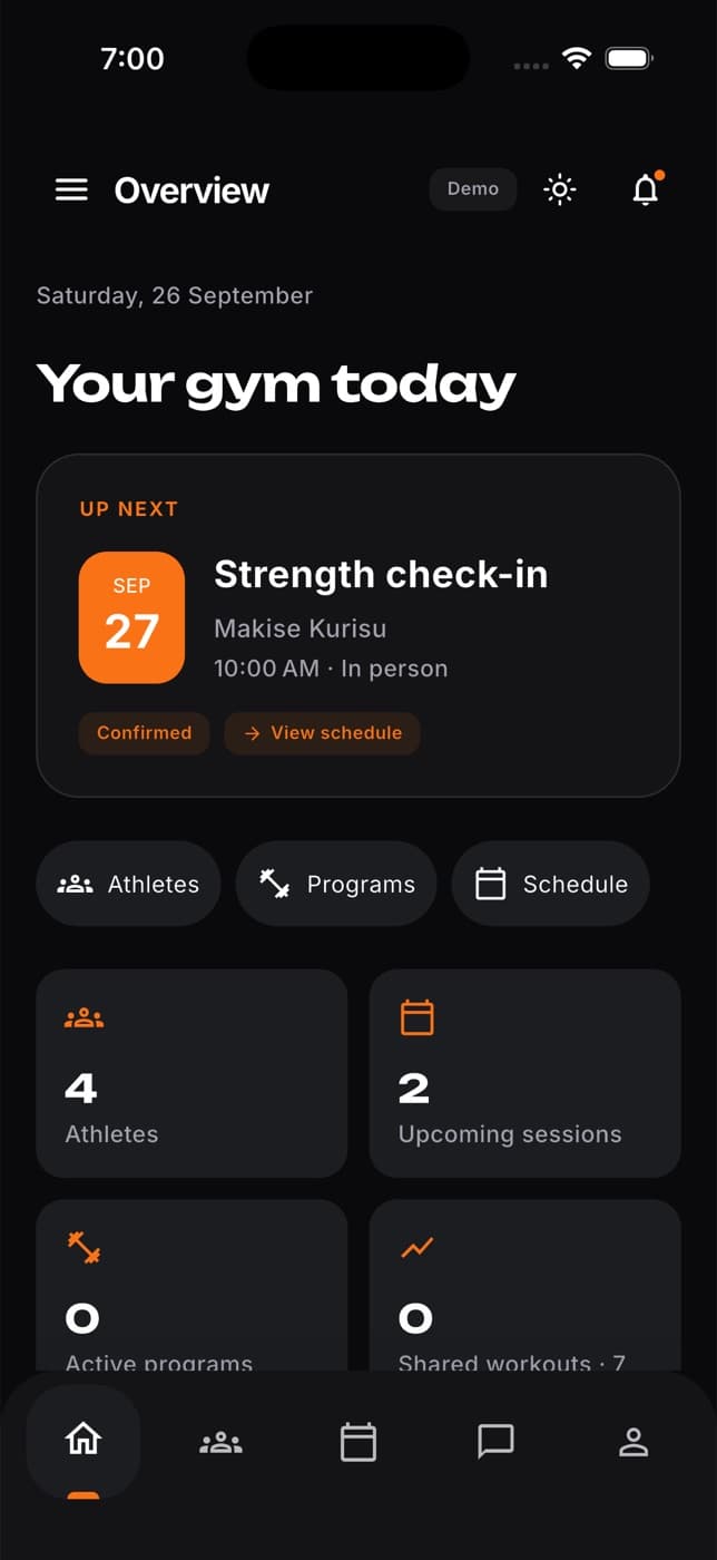 The gym overview in the phone app with Your gym today, what's up next and quick links to Athletes, Programs and Schedule