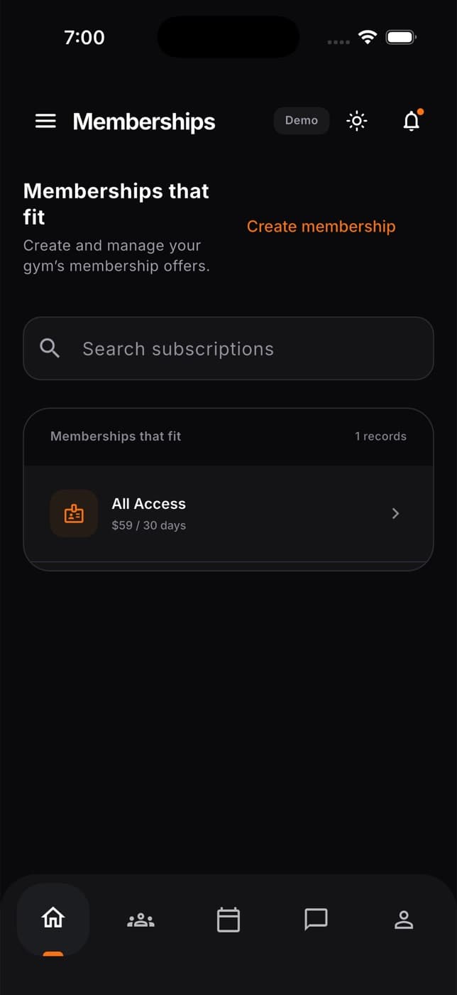 The Memberships screen in the phone app with a Create membership button, a search box and an All Access offer