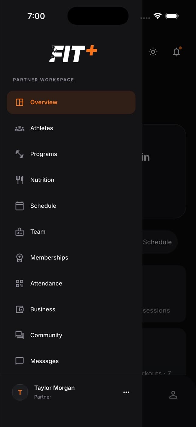 The gym workspace menu in the phone app with Overview, Athletes, Programs, Nutrition, Schedule, Team, Memberships, Attendance, Business, Community and Messages