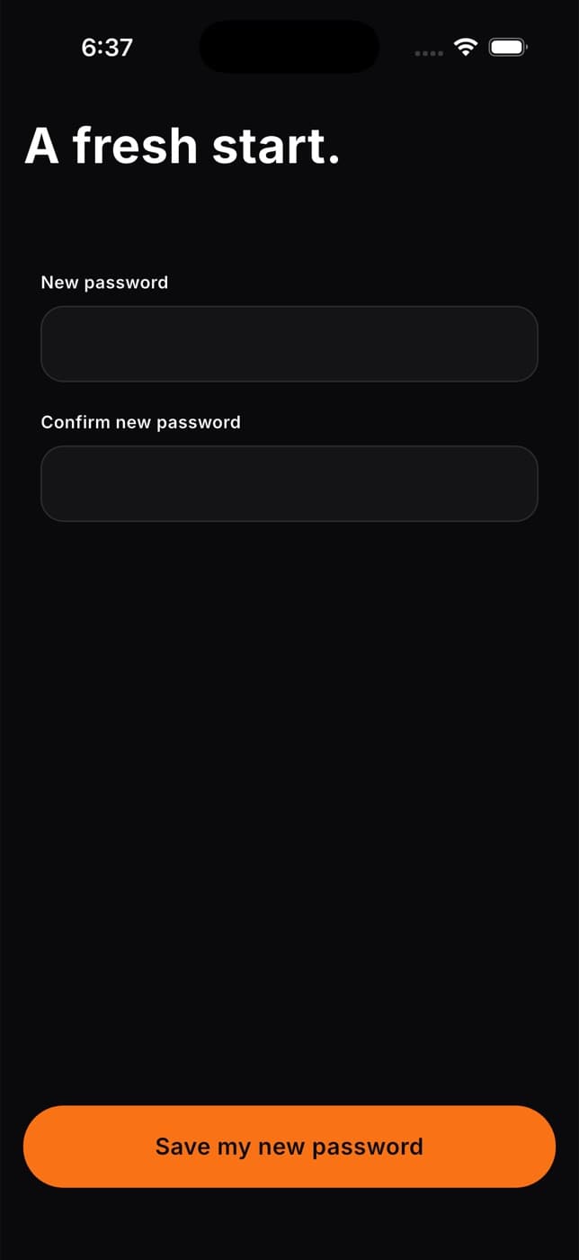 A fresh start screen with New password and Confirm new password fields