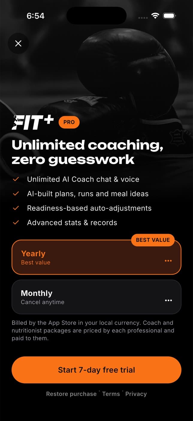 Fit+ Pro screen with yearly and monthly options