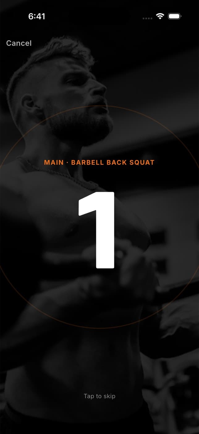 Full-screen countdown over the workout photo with a large number and Tap to skip
