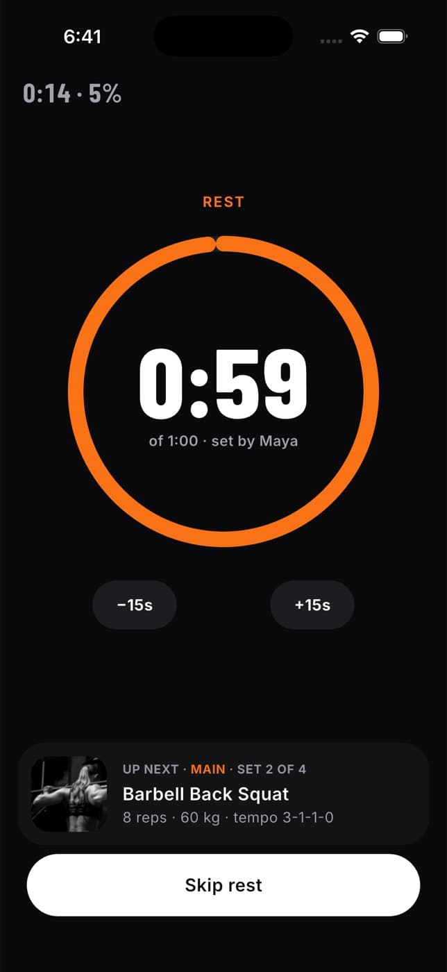Rest screen with a countdown ring, minus 15 and plus 15 second buttons, an Up next card and Skip rest