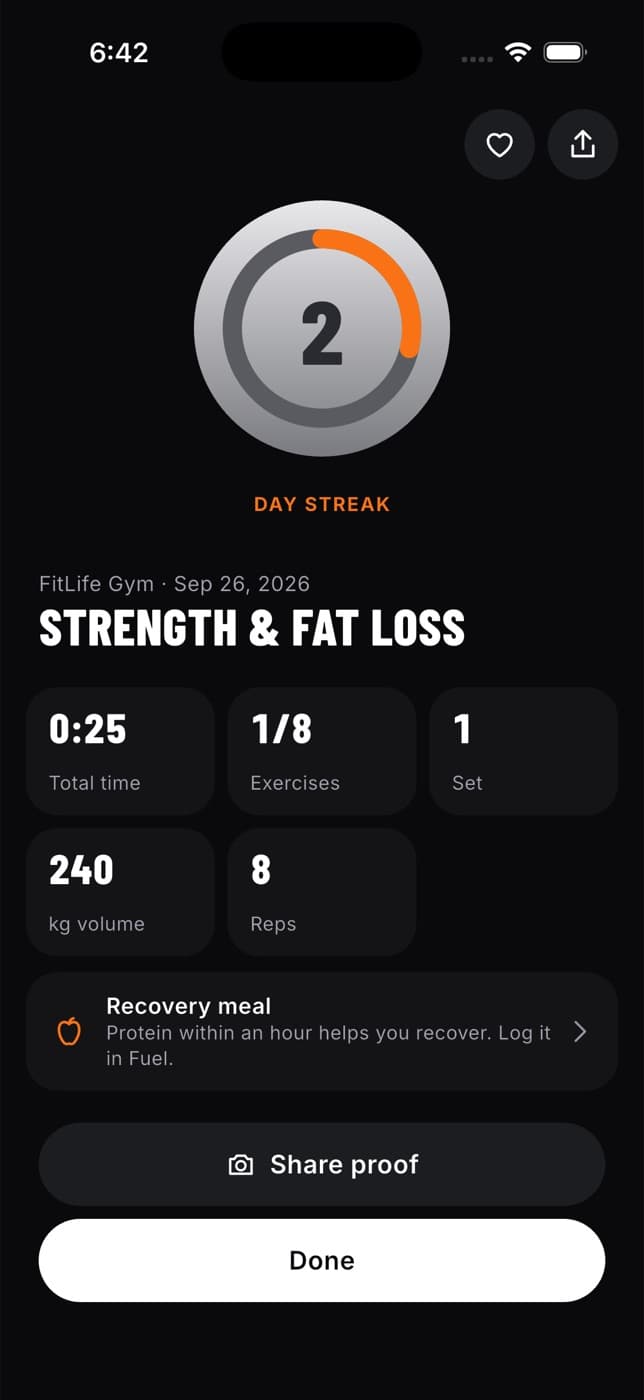 Workout summary with a day streak ring and totals for time, exercises, sets, volume and reps