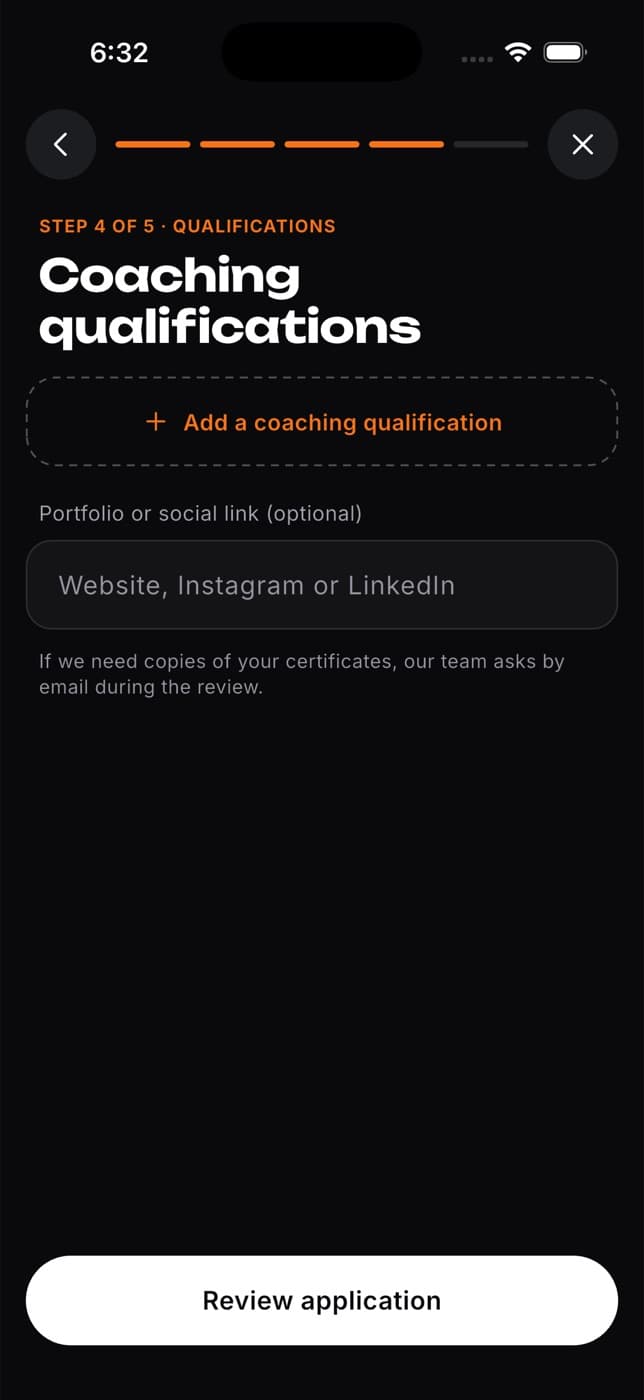 Coaching qualifications with one added and a portfolio link field